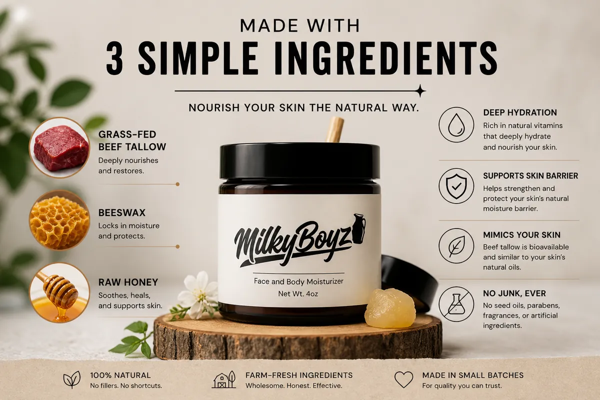 Ingredient transparency artwork highlighting beef tallow, beeswax, honey, and skin benefits
